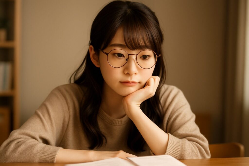 ヲタ婚ととら婚を比較して悩んでいる様子の、机の上の書類を見つめる眼鏡をかけた若い日本人女性のイメージ。