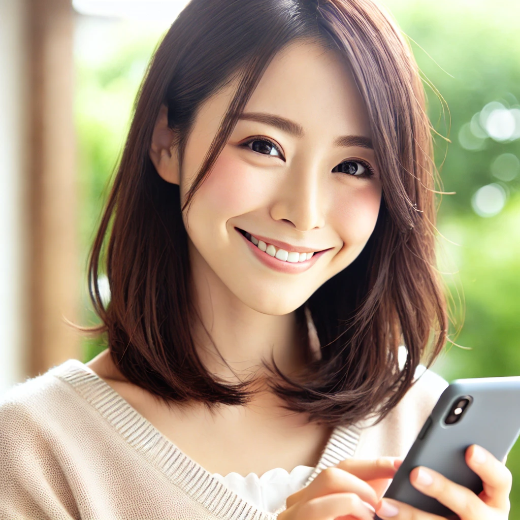 スマートフォンを片手に微笑む若い女性