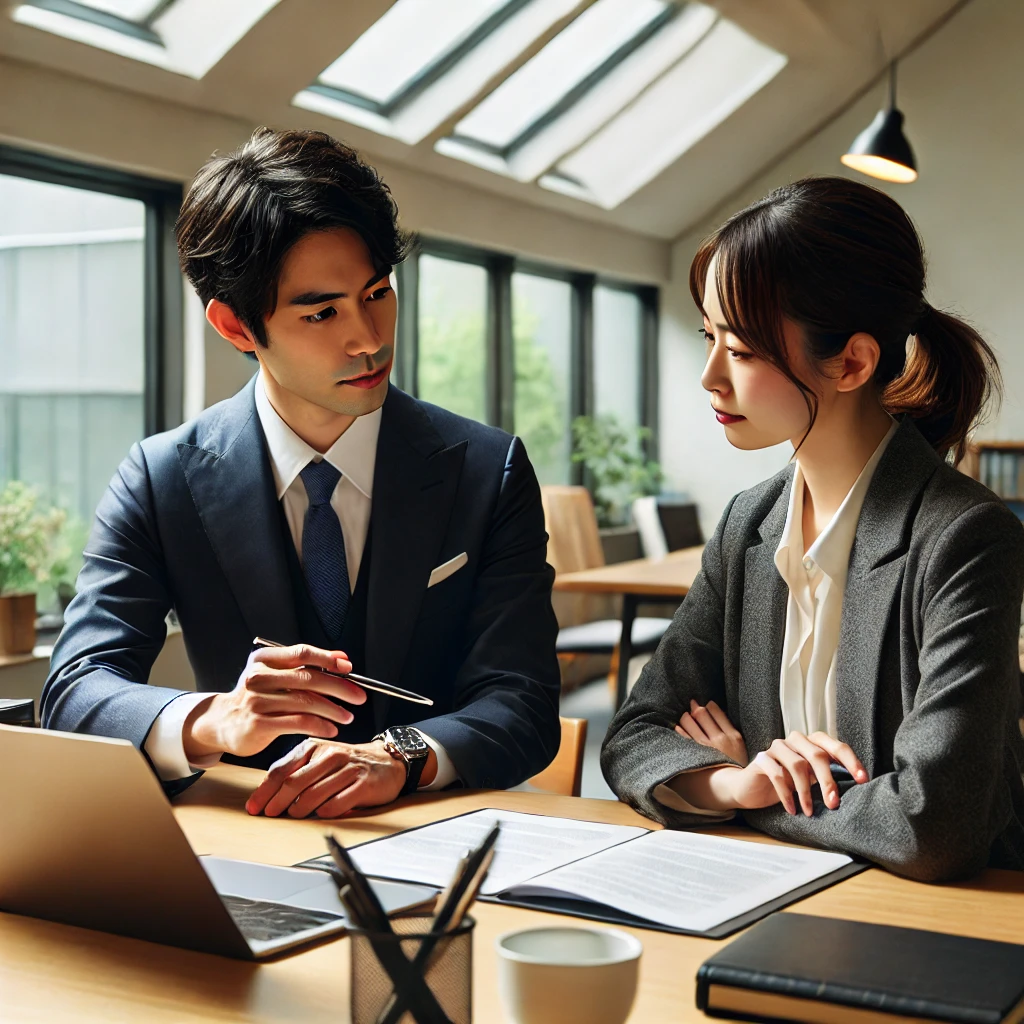 オフィスで打ち合わせをする男女