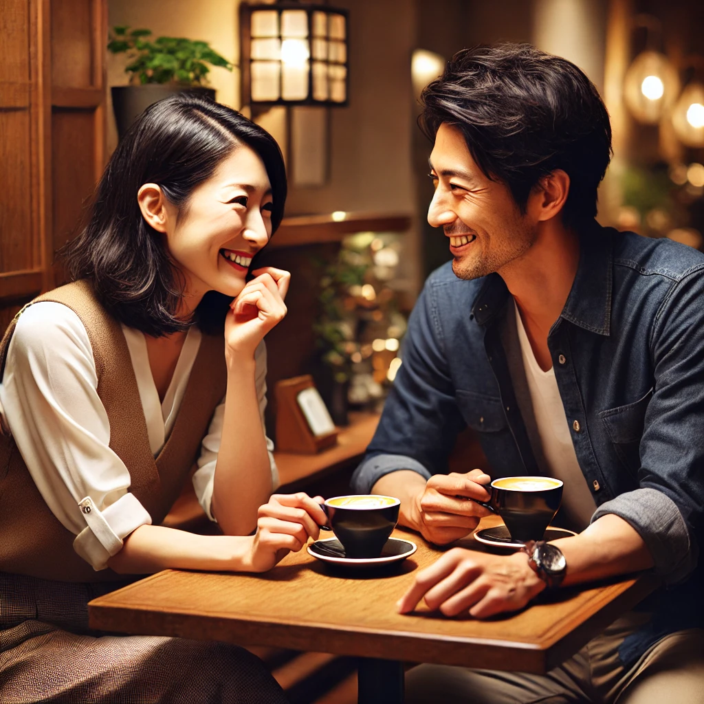 カフェで楽しそうに会話をする男女