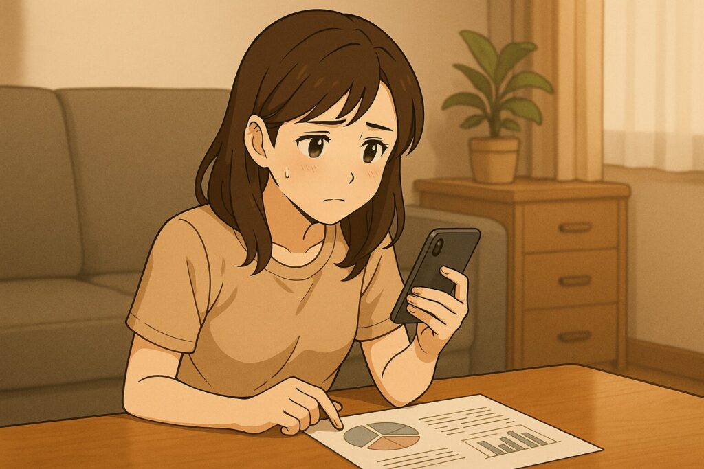 バチェラーデートの合格率を確認しながら資料とスマホを見比べる女性。少し不安げな様子が印象的な自宅の静かな空間。