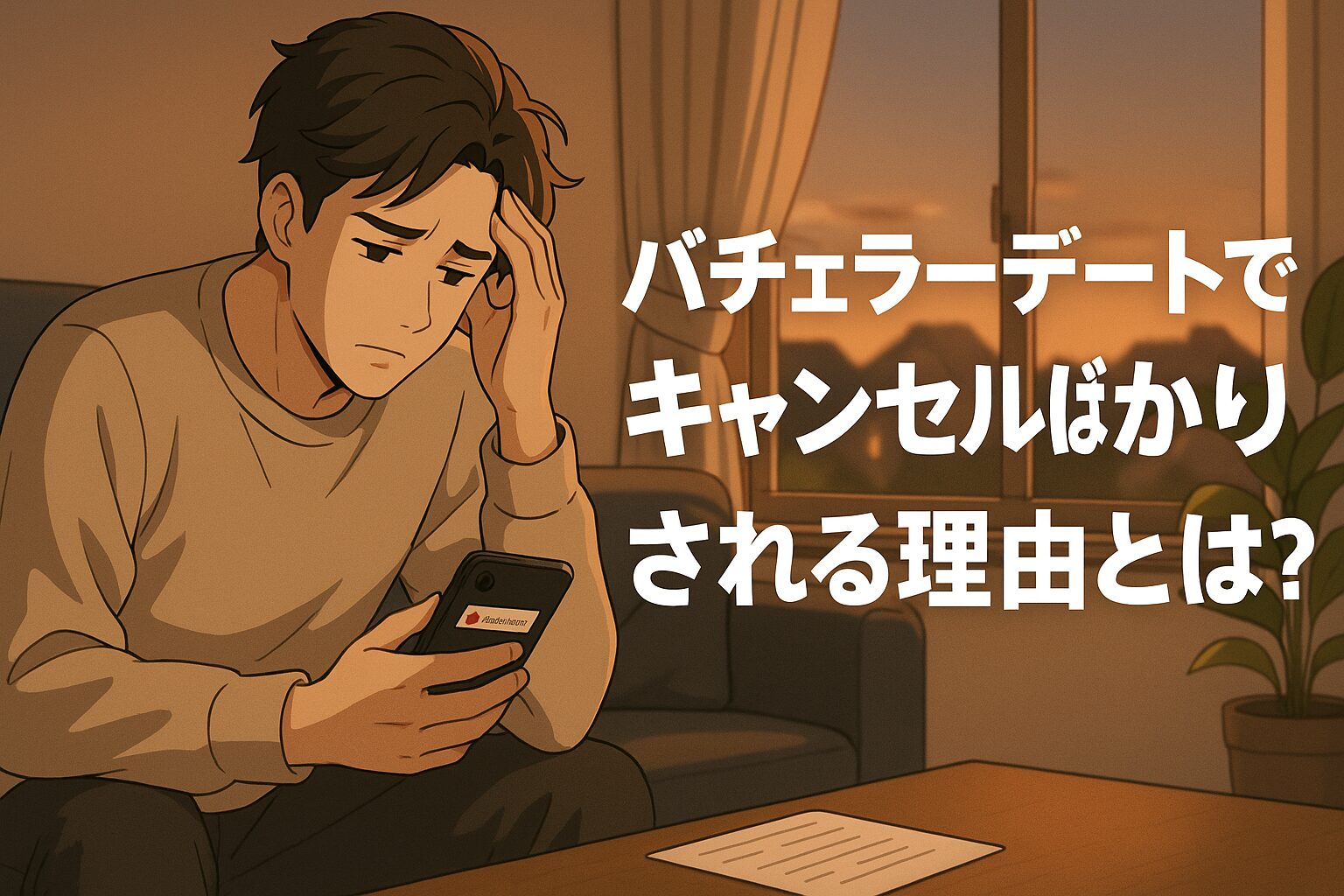 キャンセル通知を見て落ち込む男性と、「バチェラーデートでキャンセルばかりされる理由とは？」の文字が重ねられたアイキャッチ画像。