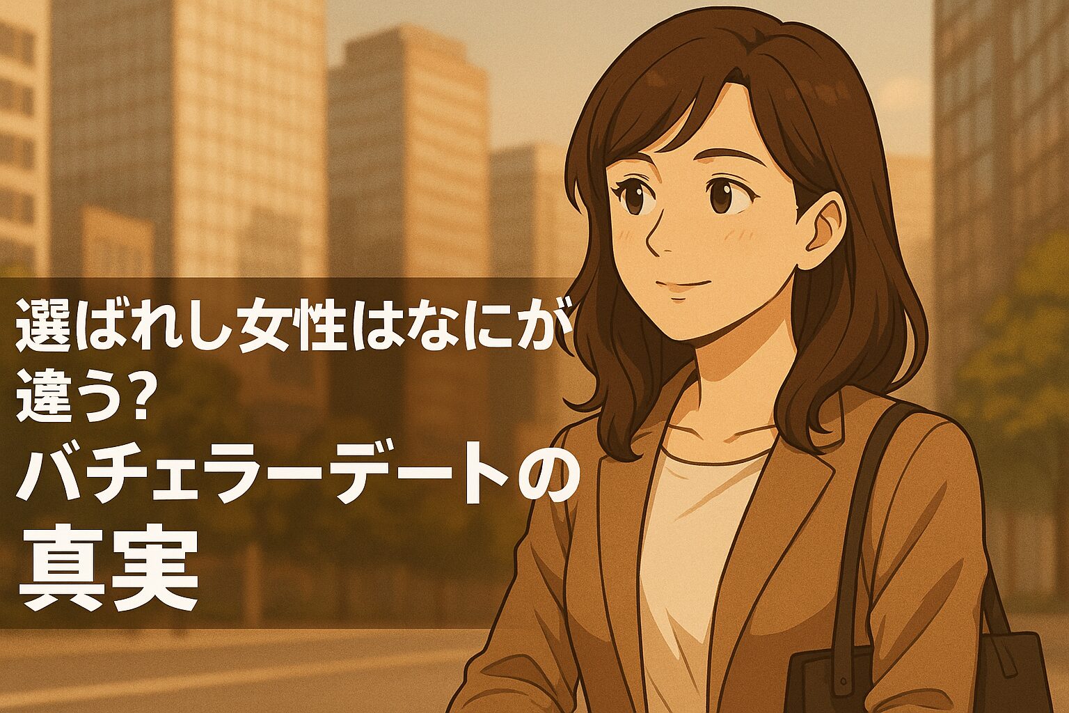 都会の街並みを背景に、微笑む女性と「選ばれし女性はなにが違う？バチェラーデートの真実」のテキストが描かれたアイキャッチ画像。