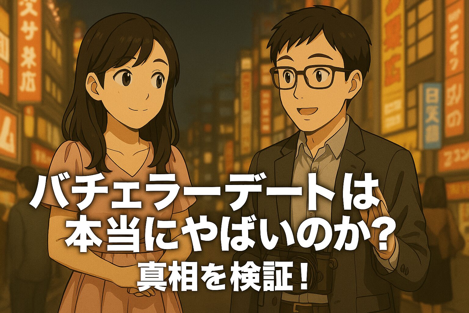 街中で向き合う男女のアニメ風イラストに「バチェラーデートは本当にやばいのか？真相を検証！」という見出しテキストが重ねられた、横長16:9のアイキャッチ画像。