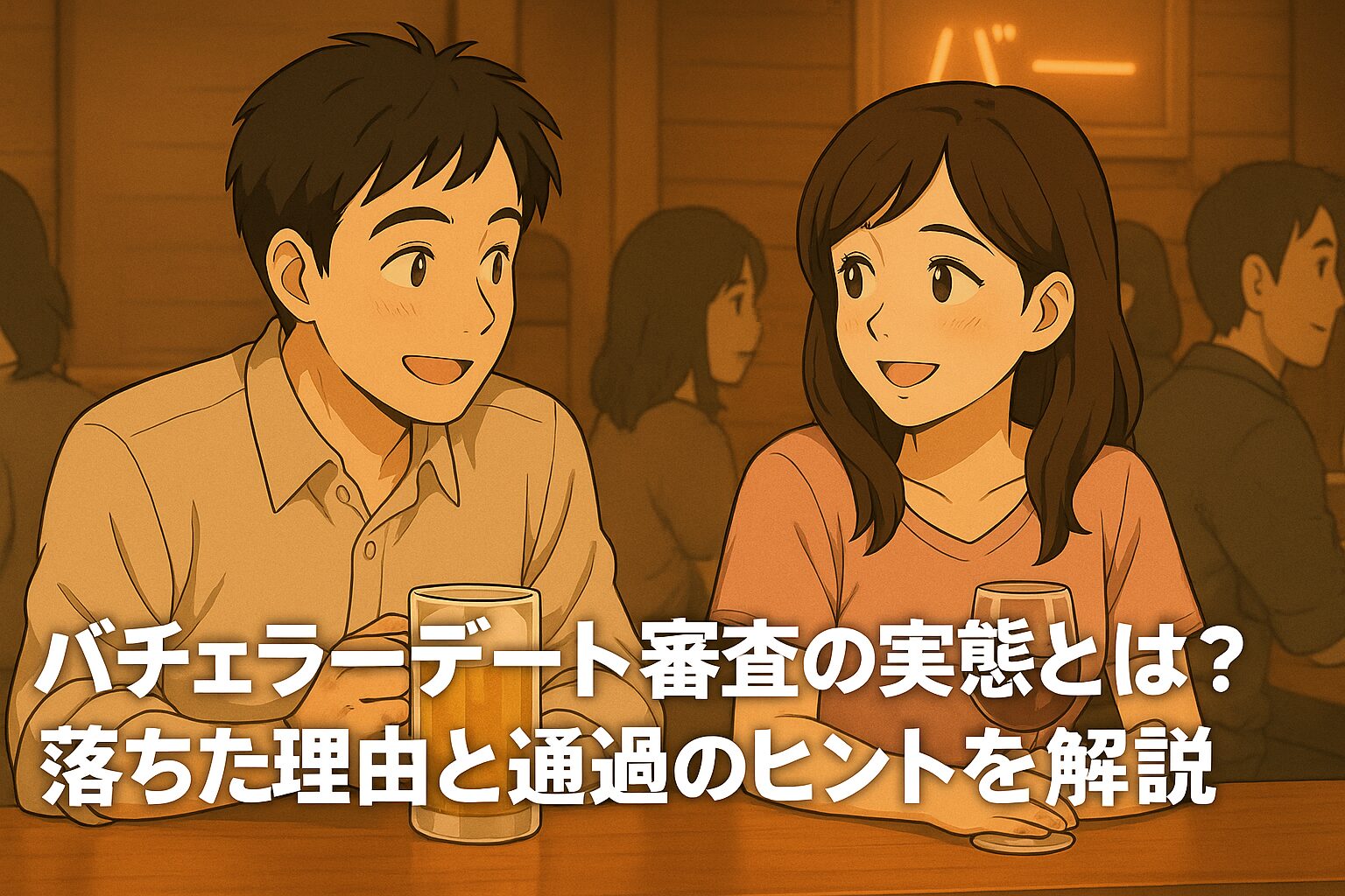バチェラーデートを楽しむ男女がバーで談笑するアニメ風イラスト。テキスト「バチェラーデート審査の実態とは？ 落ちた理由と通過のヒントを解説」が重ねられている。