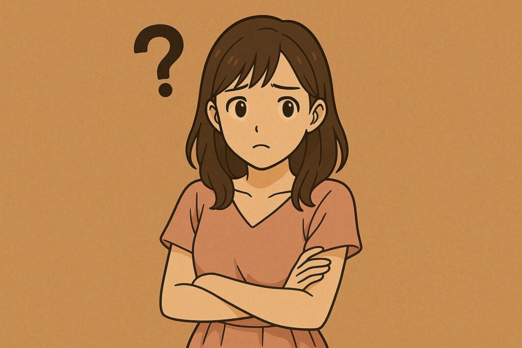疑問を抱く表情の若い女性が腕を組み、頭上にクエスチョンマークが浮かぶアニメ風イラスト。バチェラーデートに対する不安や疑問を表現した雰囲気。