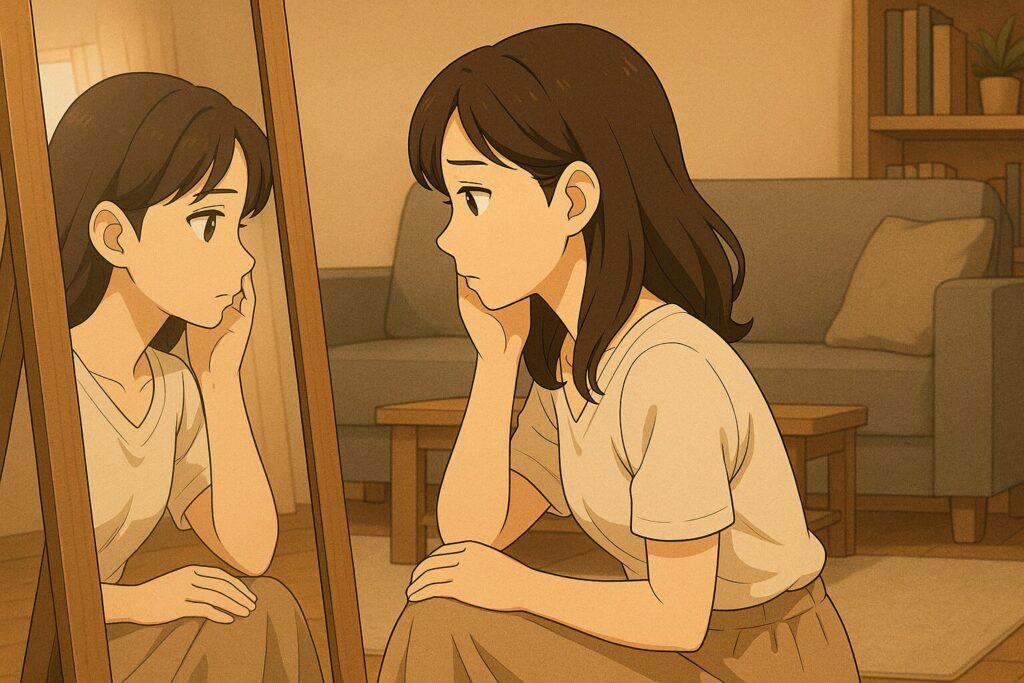 鏡の前で身だしなみを見直しながら、バチェラーデートの審査に落ちた理由を考える女性。自宅リビングで静かに反省する横顔のシーン。