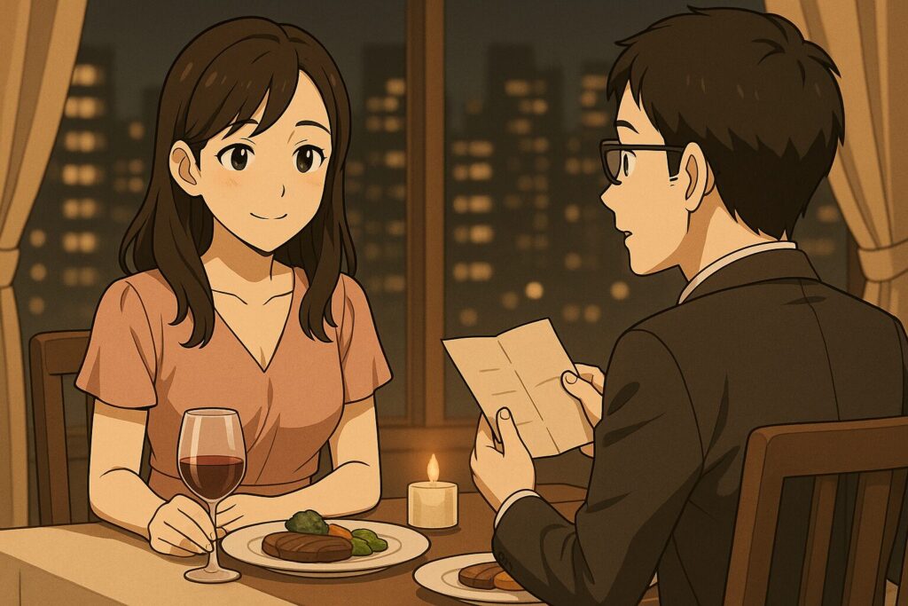 レストランでディナーを楽しむ男女のアニメ風イラスト。ロマンチックな雰囲気の中、バチェラーデートの料金や価値をイメージさせるシーン。