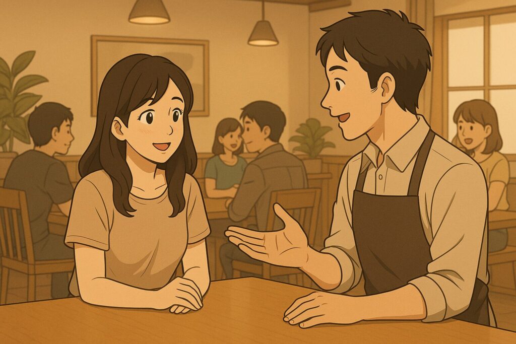バチェラーデートの審査について説明を受けている女性の様子。カフェの落ち着いた雰囲気の中で、親身な対応を受けているシーン。