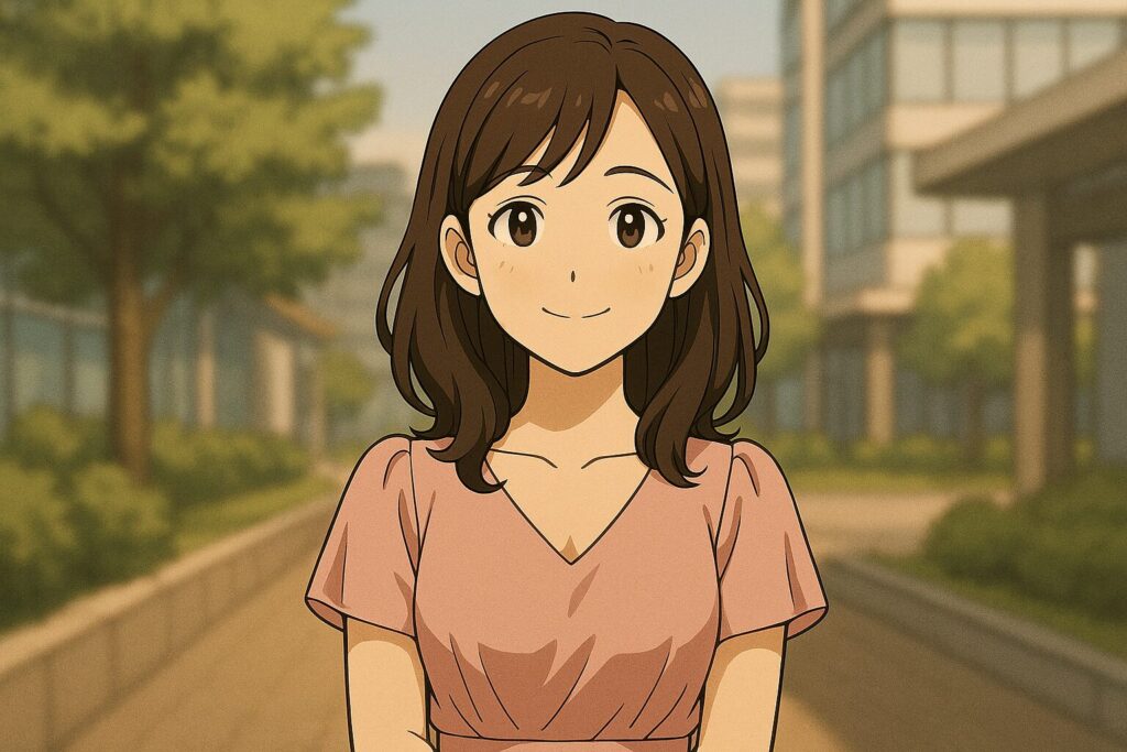 明るい都市の屋外で微笑む若い女性のアニメ風イラスト。バチェラーデートの女性の魅力度や印象をテーマにした爽やかな雰囲気。