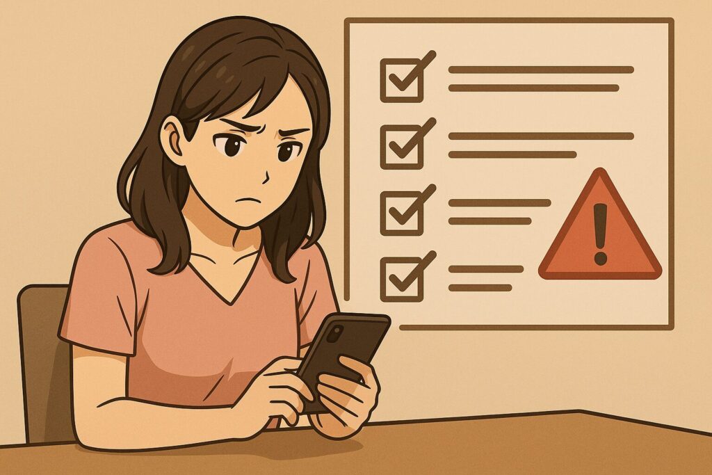スマホを見ながら真剣な表情を浮かべる若い女性と、背景のチェックリストと警告マーク。バチェラーデートでの禁止事項や違反行為を確認している様子のアニメ風イラスト。