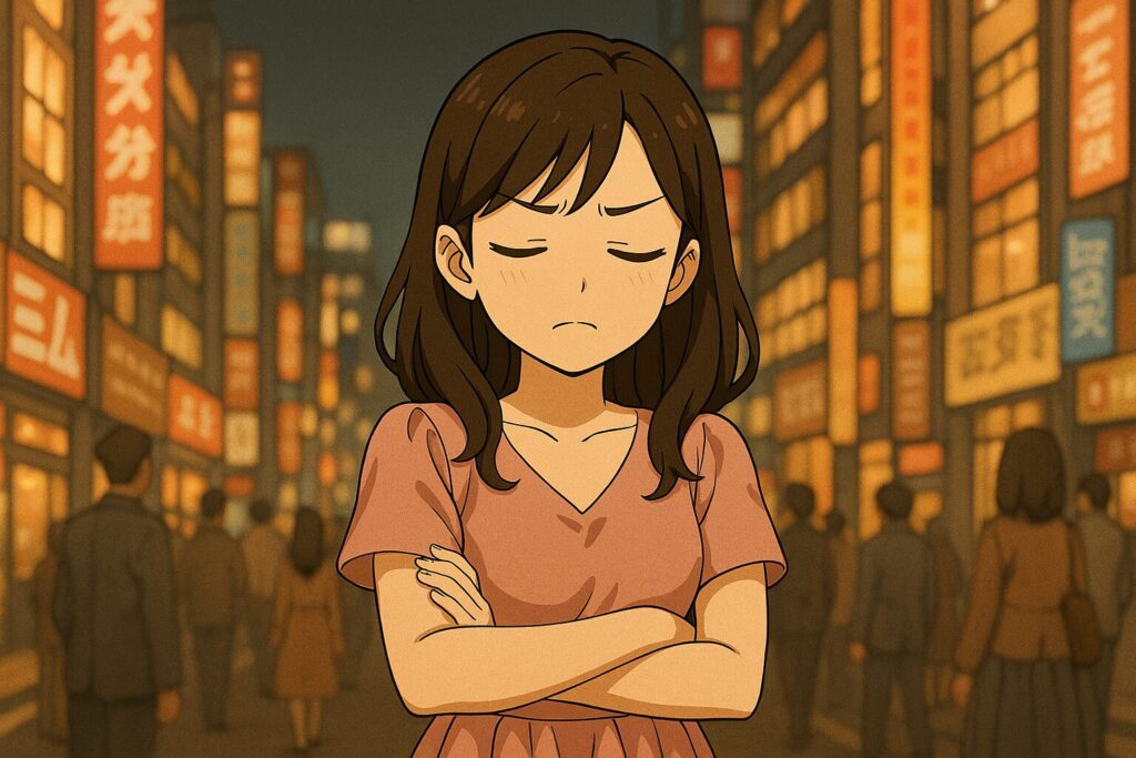 夜の繁華街で腕を組み、不満げな表情を浮かべる若い女性のアニメ風イラスト。バチェラーデートの男性のレベルに対する女性のリアルな反応を表現。