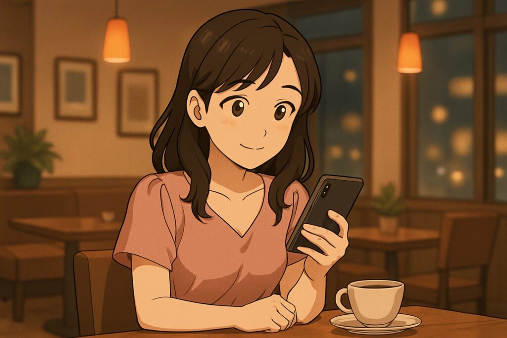 カフェでスマホを見つめながら穏やかに微笑む若い女性のアニメ風イラスト。バチェラーデートに前向きな気持ちで登録・検証しようとする様子を表現。