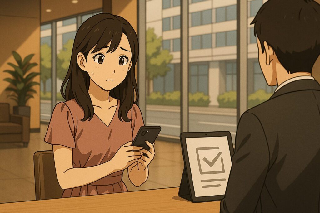 近代的なロビーでスマホを手に緊張した面持ちの若い女性が審査を受けている様子のアニメ風イラスト。バチェラーデートの女性審査の厳しさと期待感を表現。