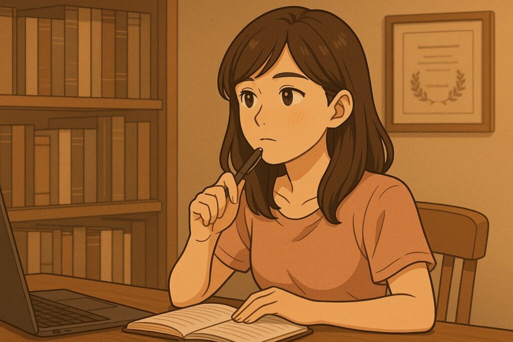 学歴や知性について考える女性。ノートと本棚を前に、考え込むような穏やかな横顔が印象的な一コマ。