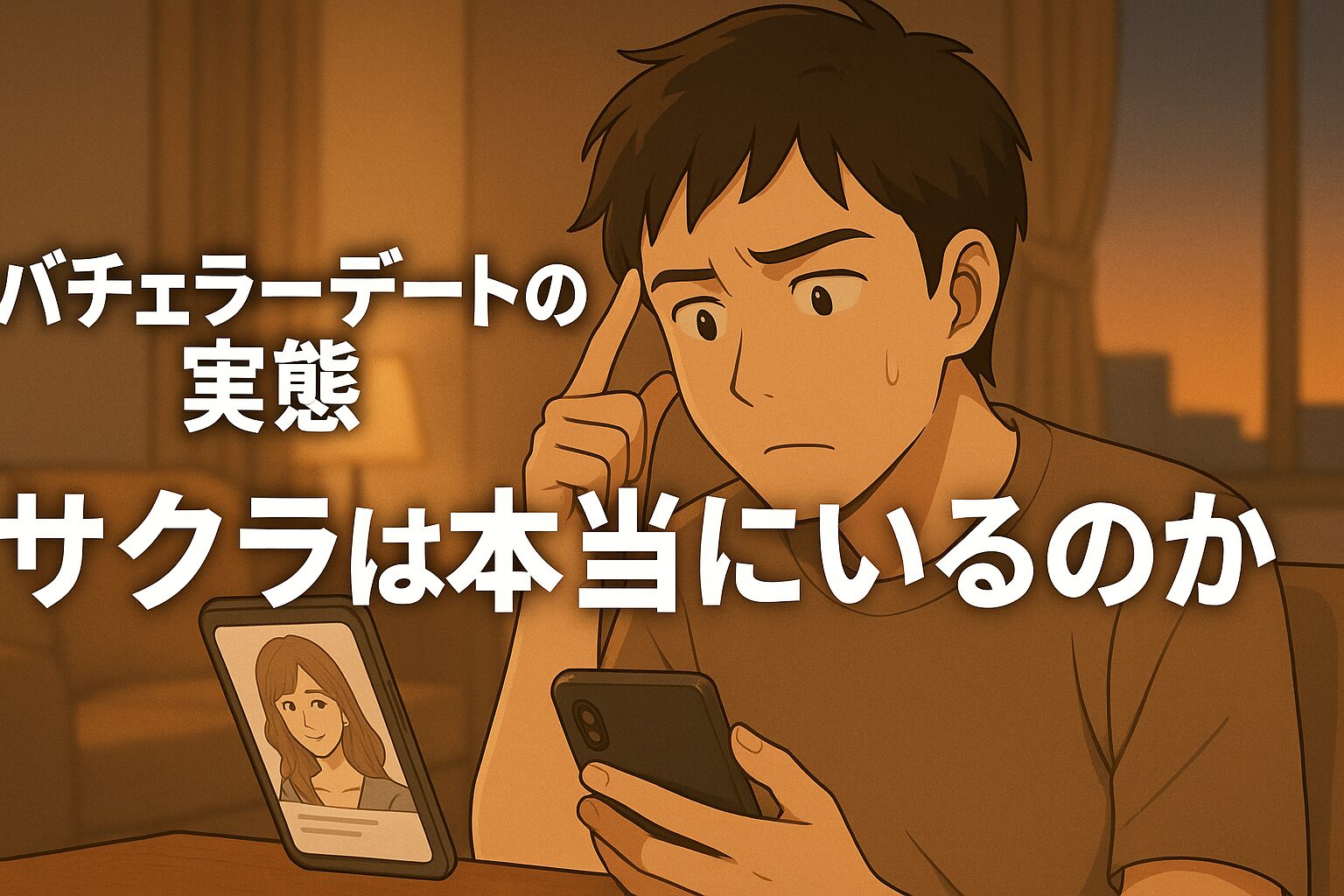 スマホの画面を見て疑念を抱く男性と、「バチェラーデートの実態 サクラは本当にいるのか？」のテキストが重ねられたアイキャッチ画像。