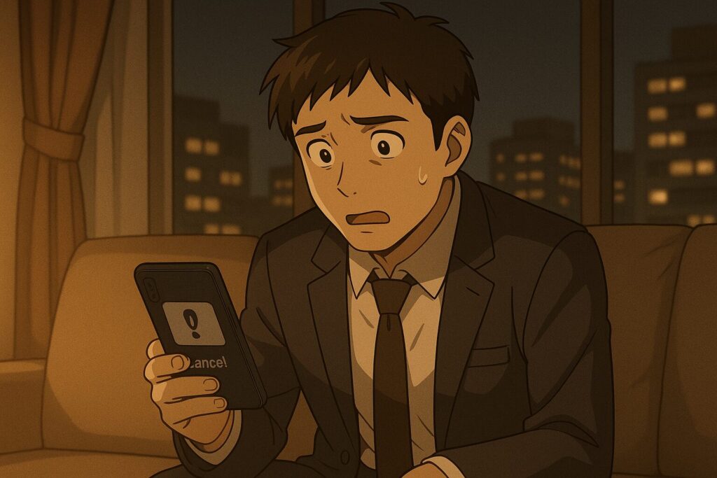 バチェラーデートのキャンセル通知を夜のリビングで見てショックを受ける男性のイラスト。イメージ:スピっと婚活ライフ