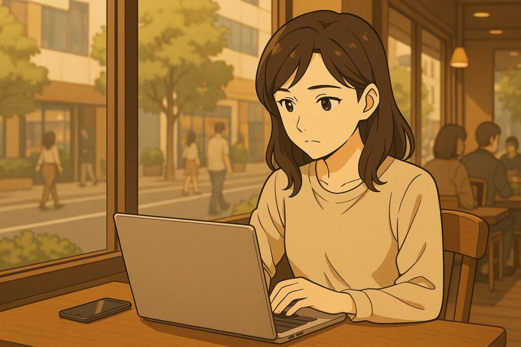カフェの窓際でノートPCを使って対処法を調べる女性のアニメ風イラスト。イメージ:スピっと婚活ライフ