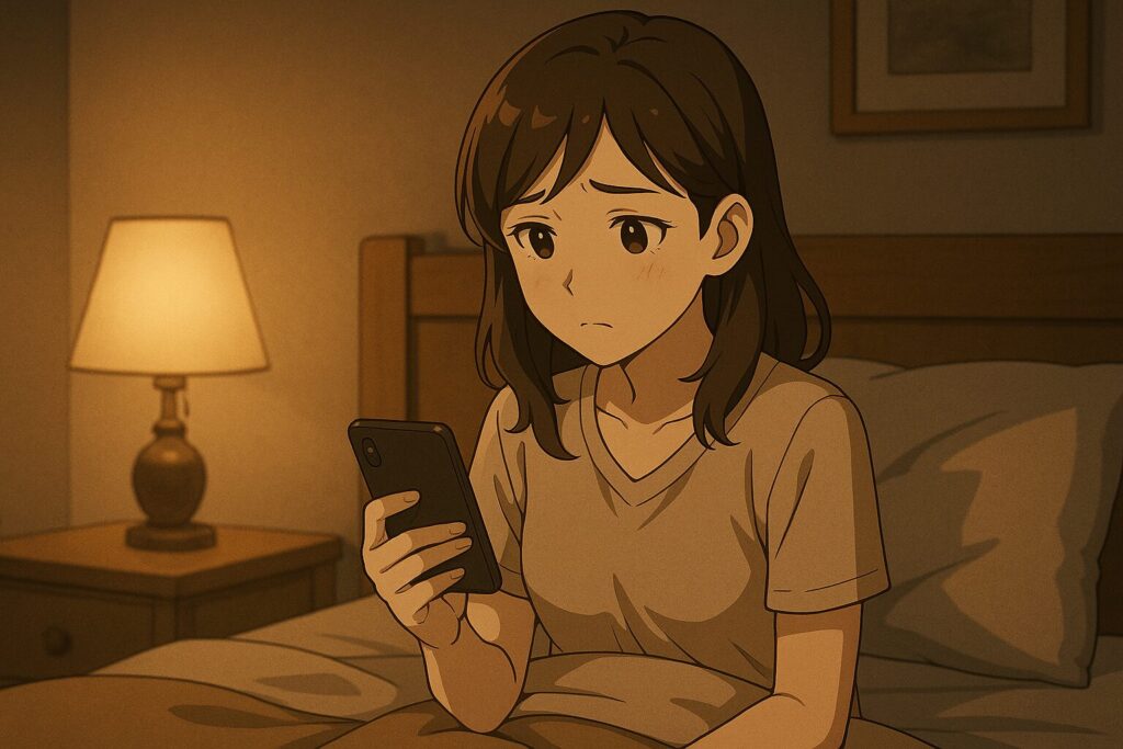 夜のベッドでスマホを見つめ、不安そうな表情を浮かべる女性のアニメ風イラスト。イメージ:スピっと婚活ライフ