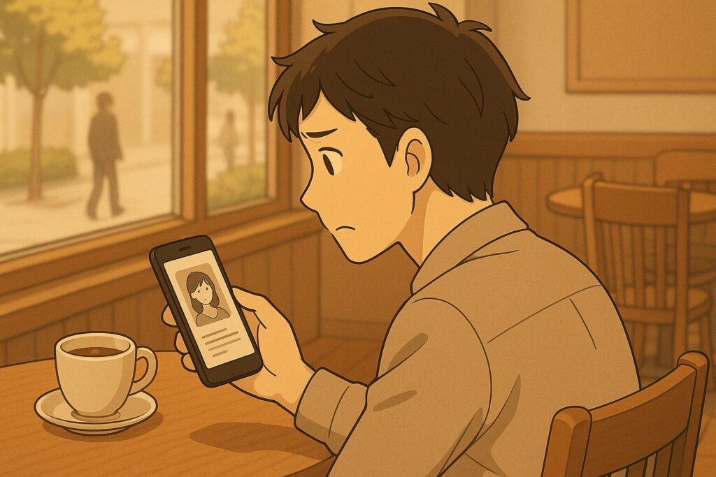 カフェでスマホのプロフィール画面を見ながら首をかしげる男性のアニメ風イラスト(斜め後ろからの視点)。イメージ:スピっと婚活ライフ