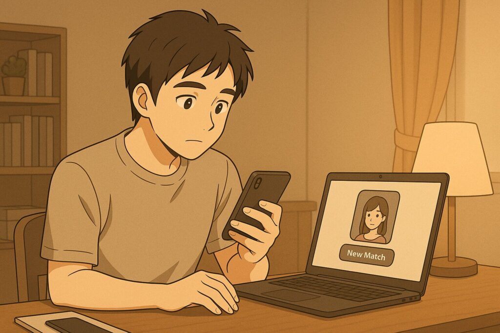 スマホとPCで再マッチング通知を確認する男性のアニメ風イラスト。イメージ:スピっと婚活ライフ