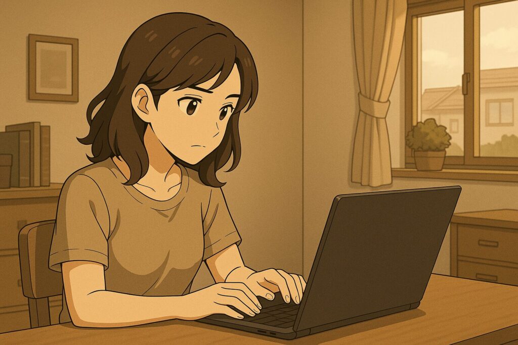 自宅のデスクでパソコンに真剣に入力する女性のアニメ風イラスト。イメージ:スピっと婚活ライフ