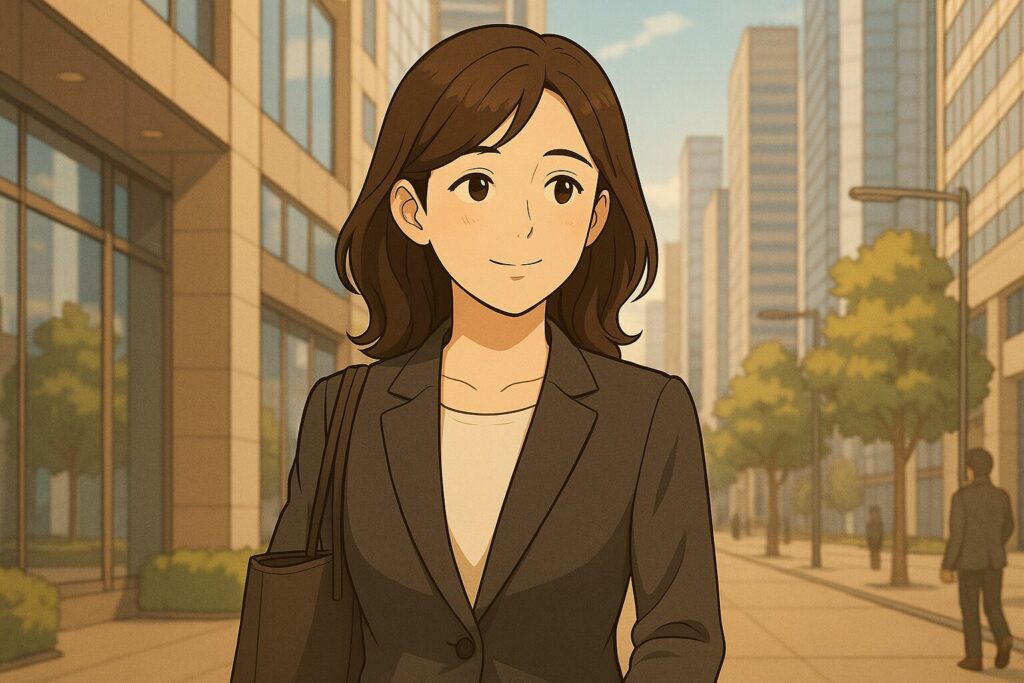スタイリッシュな都会の街並みを歩く女性。洗練された装いと柔らかな表情が、知性と優しさを同時に感じさせるシーン。