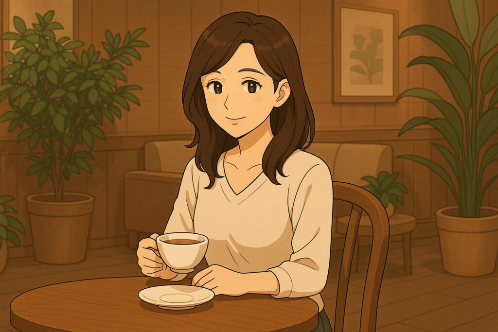 落ち着いたラウンジで紅茶を楽しむ上品な女性。ブラックランクに選ばれる女性像をイメージした、静かで洗練された雰囲気。
