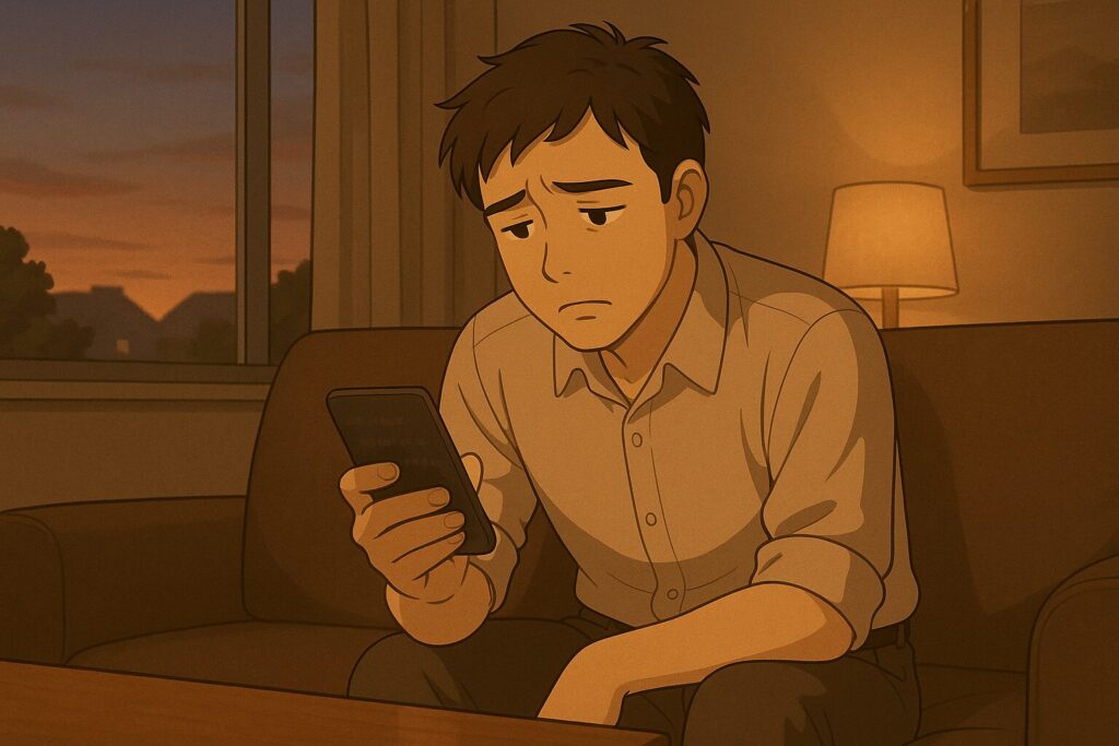 夕暮れのリビングでスマホを見つめる若い男性。キャンセル通知を受けて落ち込んだ様子が静かに描かれたシーン。イメージ:スピっと婚活ライフ