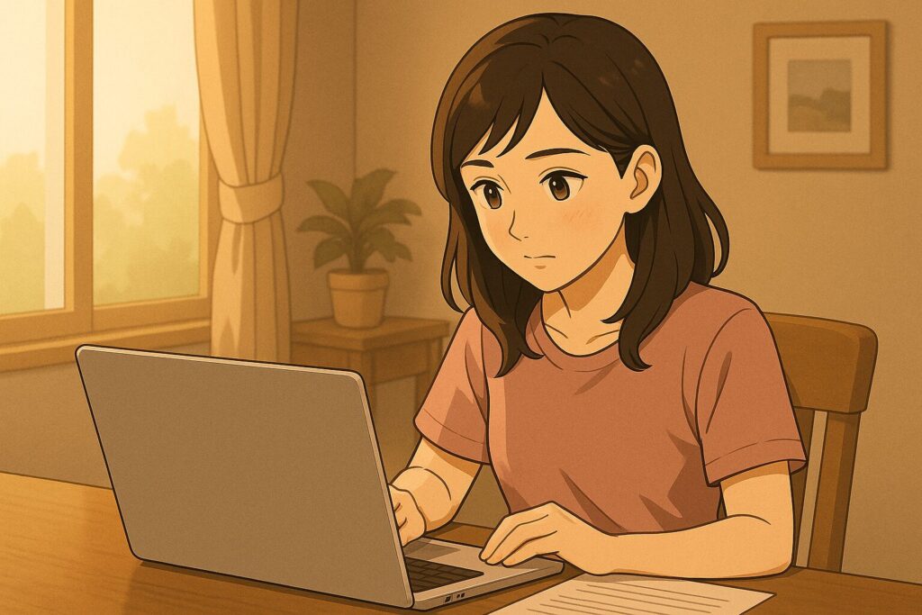 バチェラーデートのダイヤモンド審査にオンラインで臨む女性。パソコンを前に真剣に書類を入力する穏やかな日常シーン。