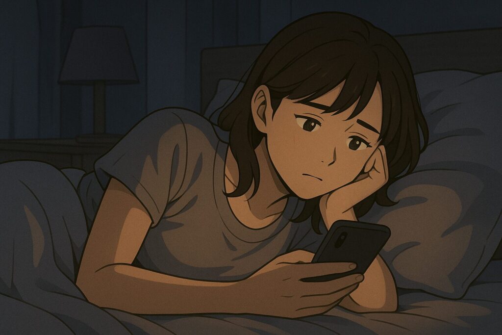 夜のベッドでスマホを見つめる女性。画面の光が顔を優しく照らし、静かに不安を感じている様子が描かれたシーン。イメージ:スピっと婚活ライフ