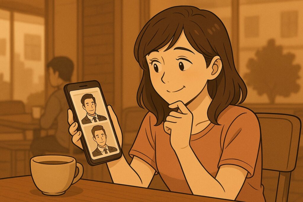 カフェでハイスペックな男性プロフィールを見ながら、首をかしげて微笑む女性。驚きと疑念が入り混じる様子のシーン。イメージ:スピっと婚活ライフ