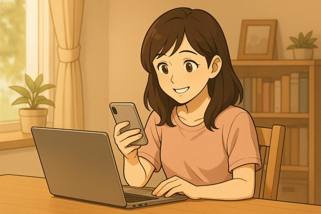 バチェラーデートの審査結果をパソコンとスマホで照らし合わせながら確認している女性。明るい部屋で安心した笑顔を見せるシーン。