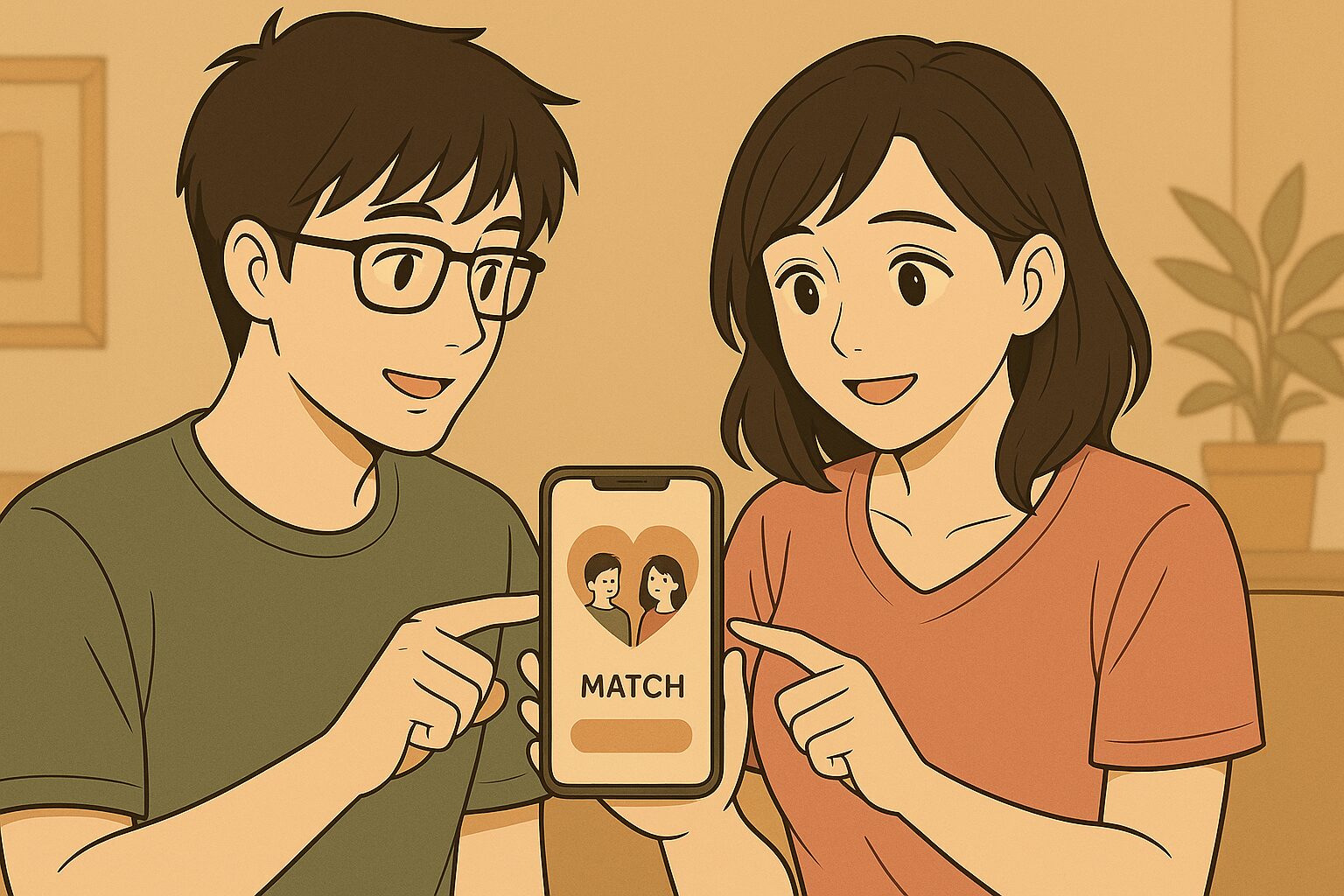 婚活アプリの画面を見ながら笑顔で会話する男女のイラスト。婚活ノウハウやマッチングサービスの活用をテーマにした温かい雰囲気のデザイン。