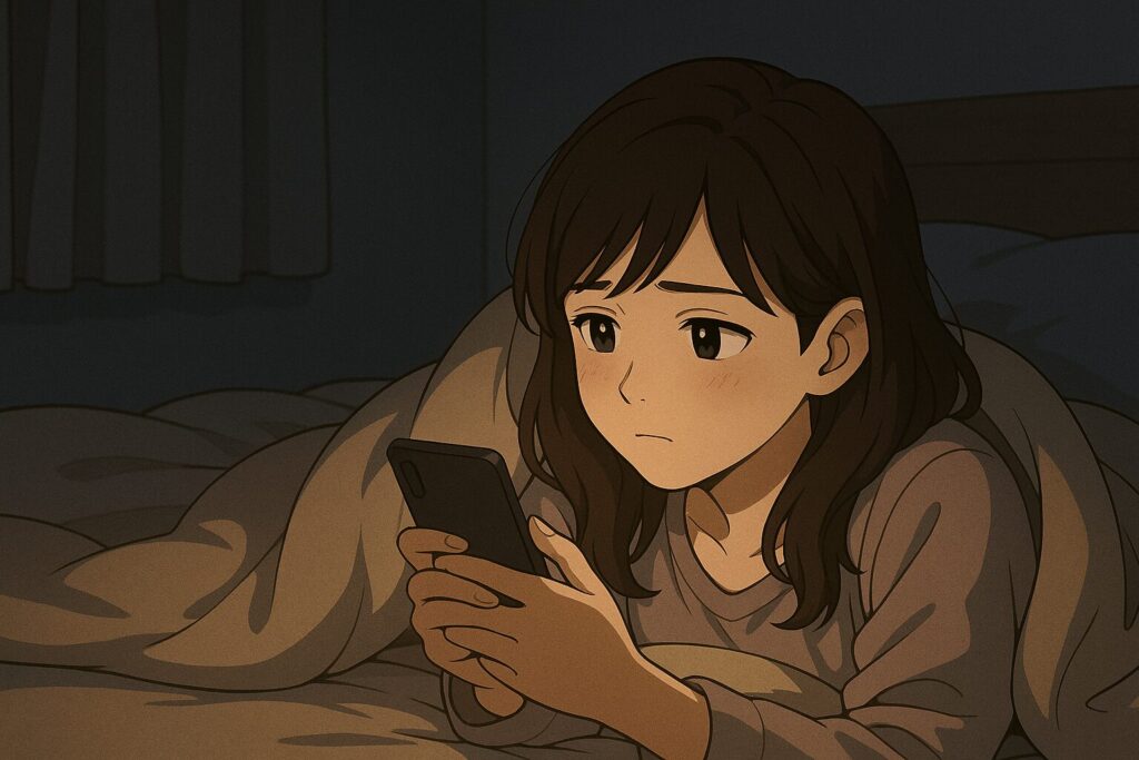 バチェラーデートの審査結果が届かず、夜のベッドでスマホを見つめながら不安げに過ごす女性。画面の光に照らされる静かなシーン。