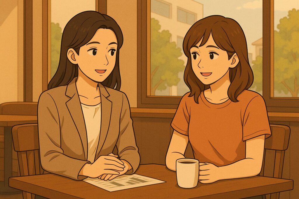 プレミアム会員と通常会員の女性が並んでカフェで談笑している構図。さりげない所作や服装に違いが表れている。