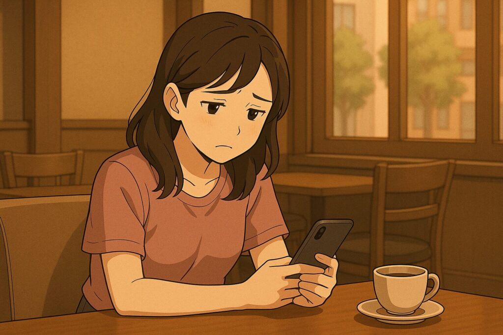 バチェラーデートの審査に落ちた通知をスマホで確認し、カフェで落ち込む女性。切ない表情が印象的なワンシーン。