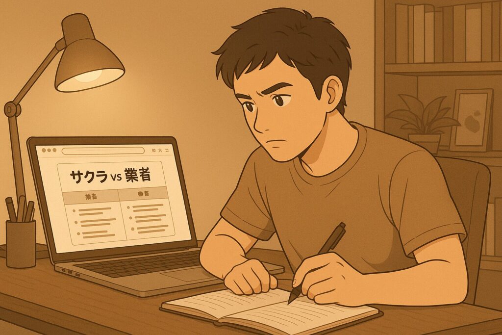 パソコンで「サクラ vs 業者」と検索しながら真剣にメモを取る男性。落ち着いた部屋で情報を整理する様子が描かれたシーン。イメージ:スピっと婚活ライフ