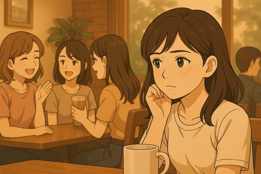 カフェで談笑する女性たちの中、周囲を観察しながら少し真剣な表情を見せる女性。バチェラーデートの審査基準を気にする繊細なシーン。