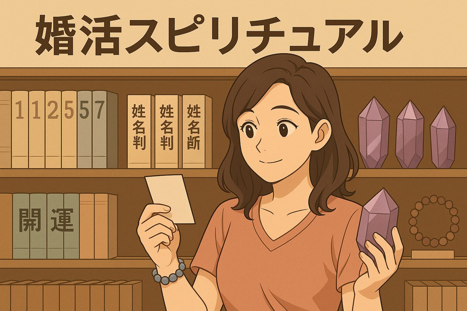 パワーストーンやスピリチュアル雑貨を見つめる女性のイラスト。婚活に役立つスピリチュアル情報や運気アップの世界観を表現。