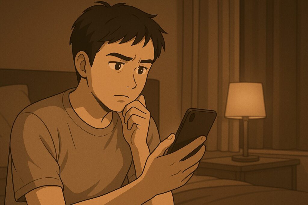 夜の部屋でスマホを見つめる男性。画面の内容に疑問を感じているような、静かで真剣な表情のシーン。イメージ:スピっと婚活ライフ