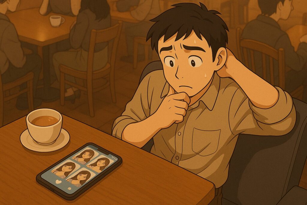 カフェで複数の魅力的すぎるプロフィールが並ぶスマホ画面を見下ろし、戸惑った表情を浮かべる男性。俯瞰構図で不自然さへの違和感を表現したシーン。イメージ:スピっと婚活ライフ