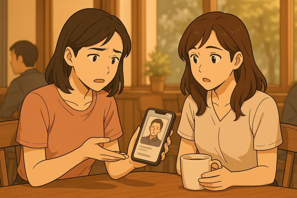 カフェで男性のプロフィールをスマホで見せ合いながら、既婚者の可能性について真剣に話し合う女性たちのシーン。イメージ:スピっと婚活ライフ
