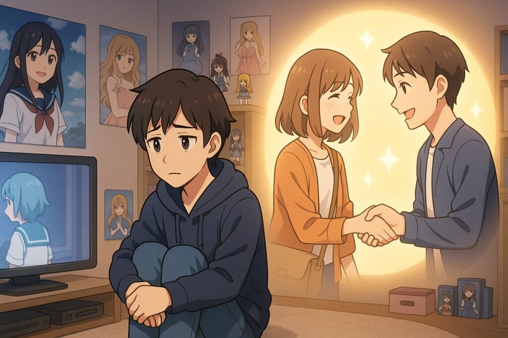 アニメグッズに囲まれた部屋で少し寂しそうにアニメを観る若者。その隣に、同じ趣味の相手と笑顔で出会う自分のビジョンが光に包まれて描かれ、希望に満ちた雰囲気を表現している。イメージ：スピっと婚活ライフ