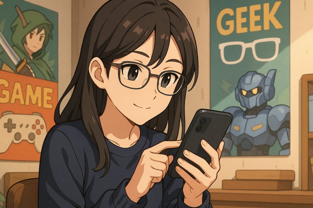 スマートフォンを操作するテック系オタクの若者を描いたアニメ風イラスト。16:9の横長構図で、スタイリッシュかつ集中した雰囲気が伝わる。