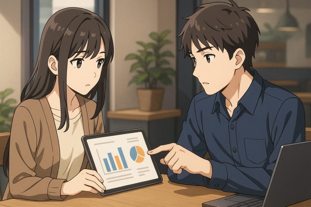 バチェラーデートの顔公開に関する利用者傾向を分析する男女。イメージ:スピっと婚活ライフ