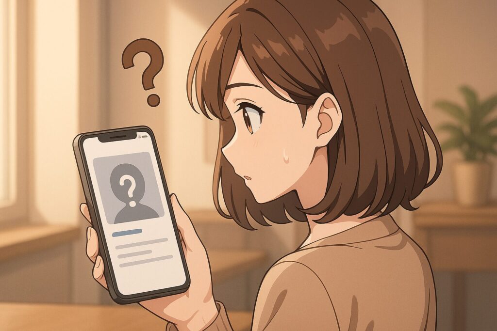 バチェラーデートのプロフィールに顔写真がないことに戸惑う女性。イメージ:スピっと婚活ライフ