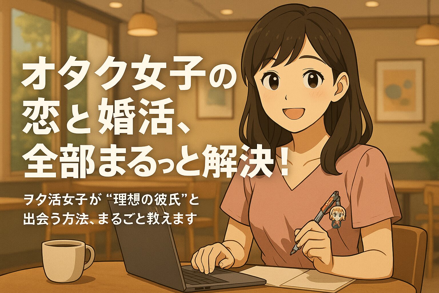 カフェで笑顔のオタク女子がノートを取りながら婚活準備をするシーンと「オタク女子の恋と婚活、全部まるっと解決！」のテキスト入りアイキャッチイラスト