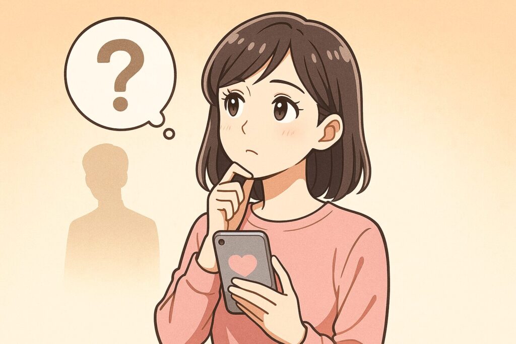 婚活アプリを選ぶ女性のアニメ風イラスト。スマホを手に考える表情と「?」の吹き出しが特徴。