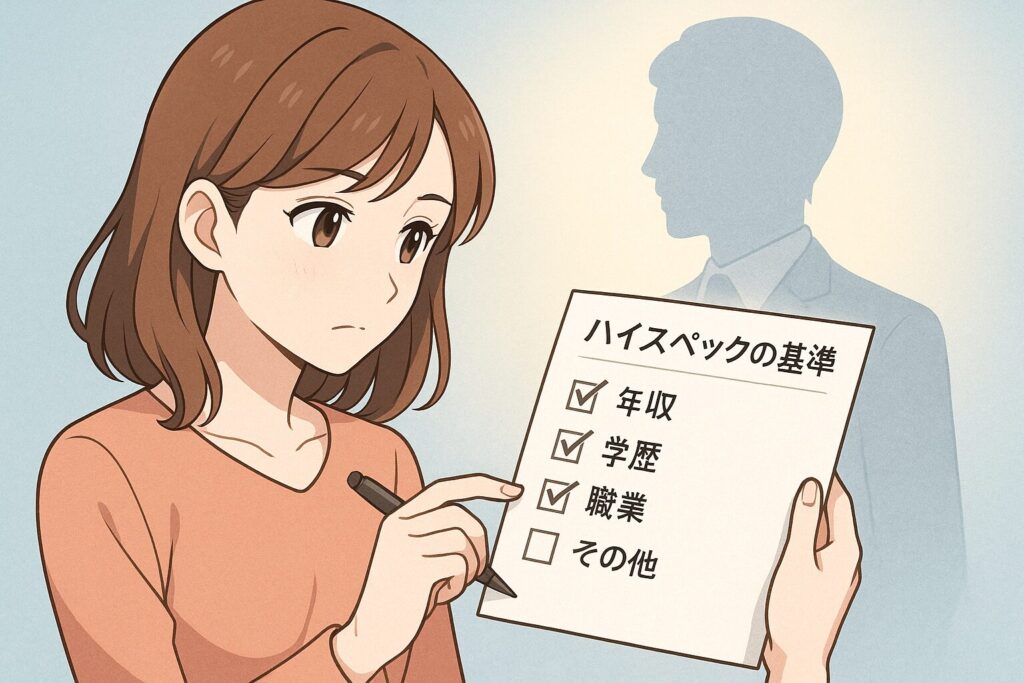 年収や学歴、職業などのチェックリストを見つめる女性のアニメ風イラスト。背景には理想的なハイスペ男性のシルエットが浮かび、婚活基準を思案する様子が描かれている。